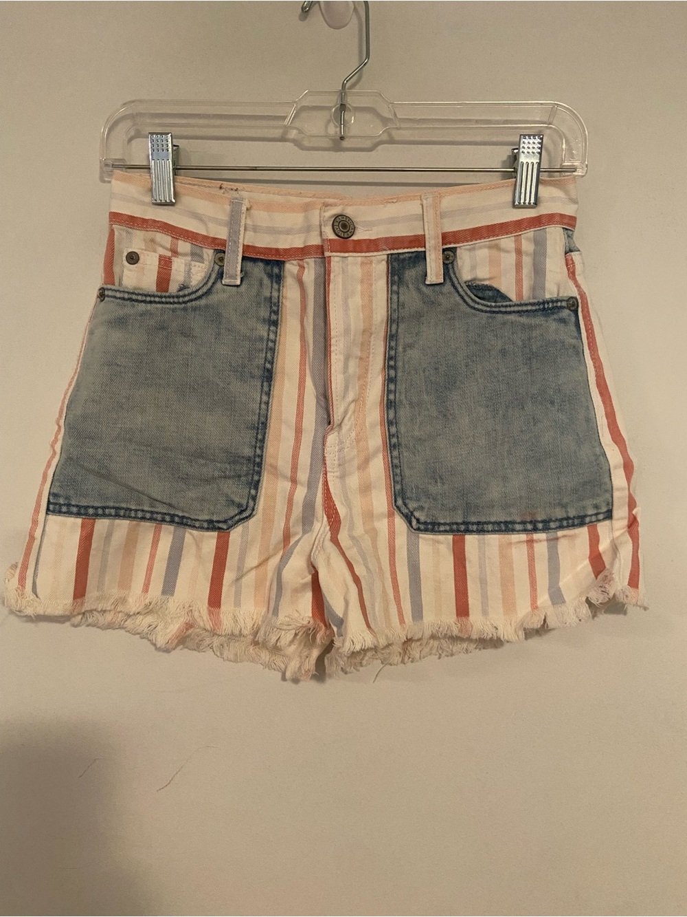 American Eagle Outfitters Striped Cream, Red & Blue Denim Pocket Shorts